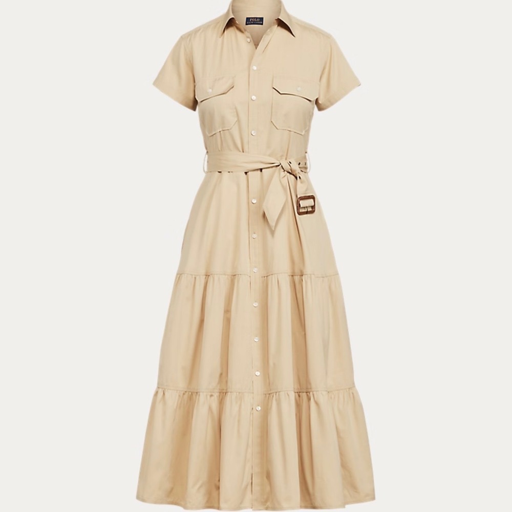 Polo Ralph Lauren Beige Tiered Cotton Midi Shirtdress Belted Minimalist Button 4